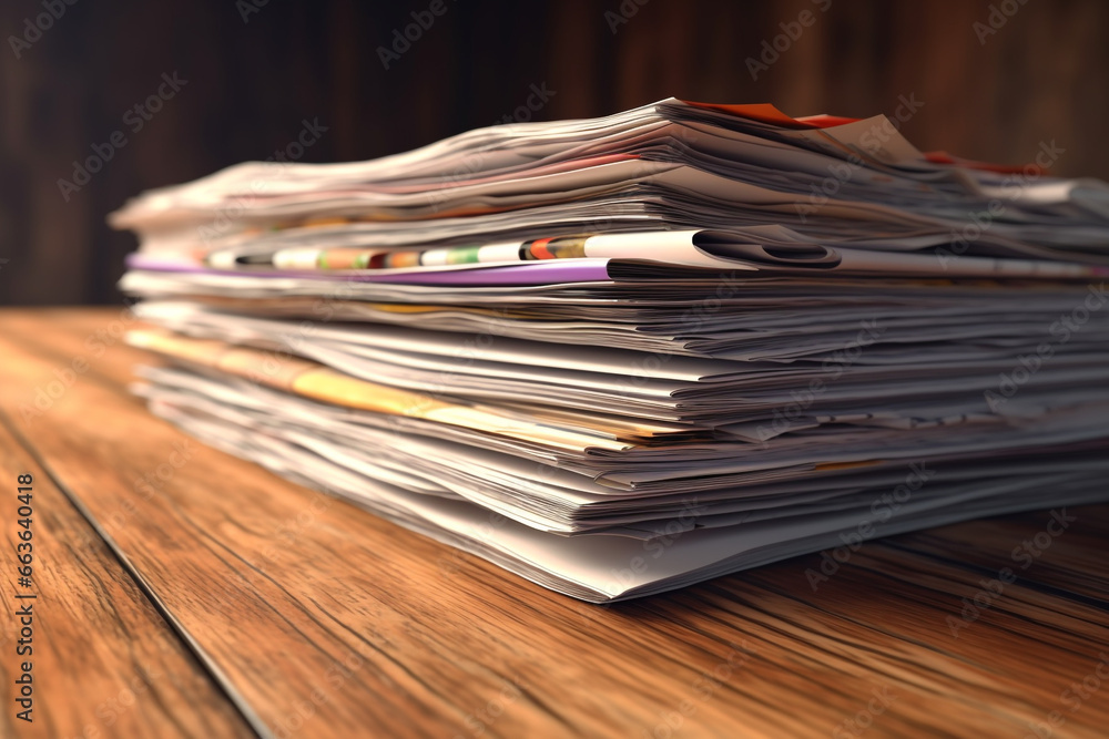 Business concept. Stack of papers or documents placed on wooden table. Abstract office background with copy space. Generative AI Business concept. Stack of papers or documents placed on wooden table. Abstract office background with copy space. Generative AI