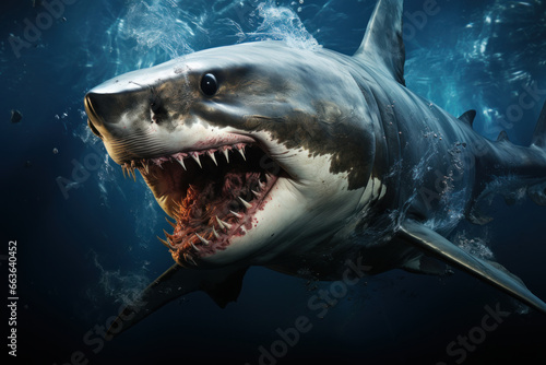 Angry Great White Shark with big tooth swimming in the ocean. AI Generative
