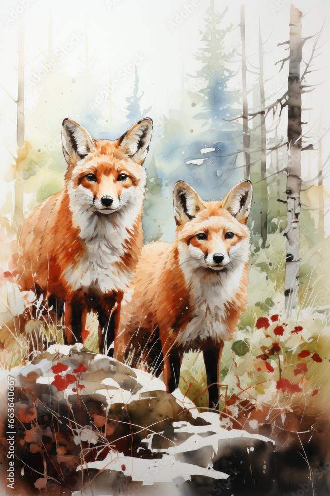 Adult red fox in watercolor style. Created with Generative AI