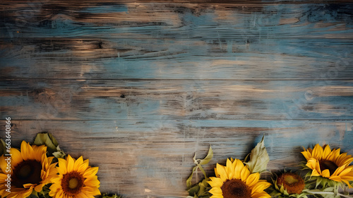 bouquet of yellow sunflowers withered on western texture flaking paint worn wood board old style vintage background. advertisement, banner, card. for template, presentation. copy text space.