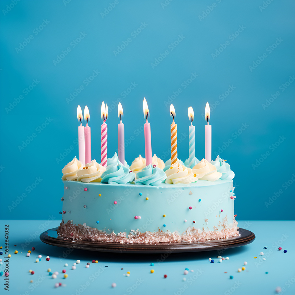 birthday cake with candles on pastel blue background with copy space ...