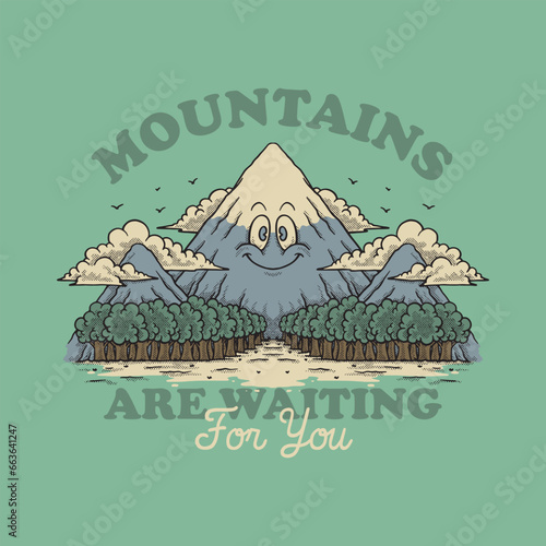 retro cartoon emblem of cute smiling mountain