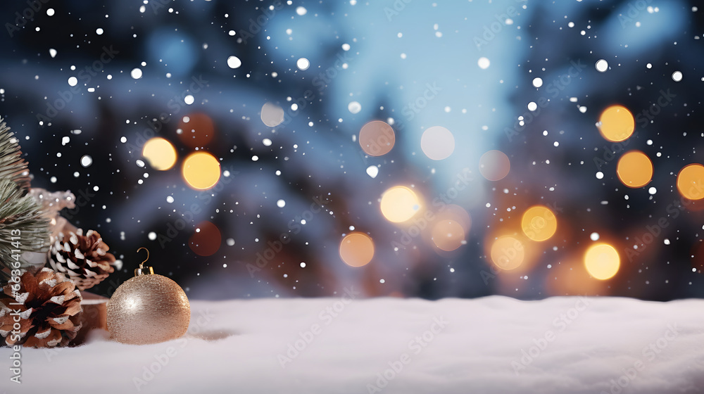Fototapeta premium Snow Christmas Table Display. Winter Snow falling. Holiday Decoration Christmas tree xmas. Golden Glitter Sparkling Bokeh. Light White Empty Copy Space Display Mock up Banner