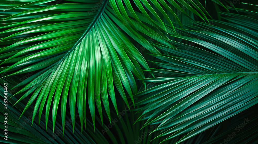 Fototapeta premium Tropical palm leaves on dark background. Exotic background.