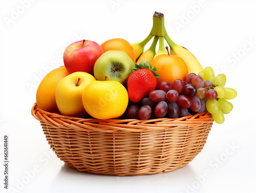 Fresh ripe fruits in a basket isolated on white