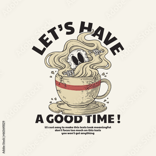 retro cartoon emblem of skeleton peeking out in coffee cup 