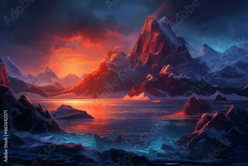 An image depicting contrasting elements of fire and ice alongside a glacier against a stunning island background. Generative AI photo