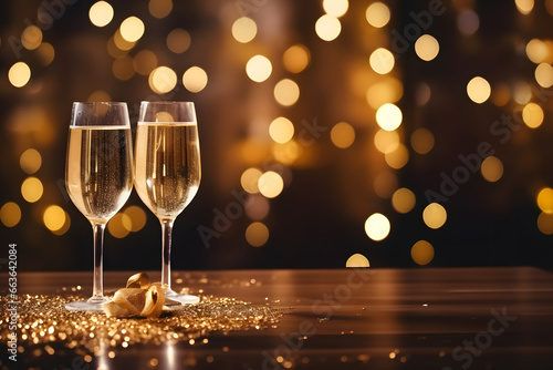 New Year Background Banner. Wood Table Display. Golden Sparkling Decoration with Glasses of Champagne. Empty Copy Space. 