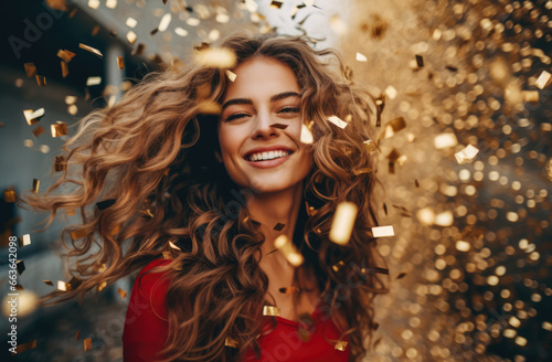 Cheerful attractive woman celebrating and smiling photo