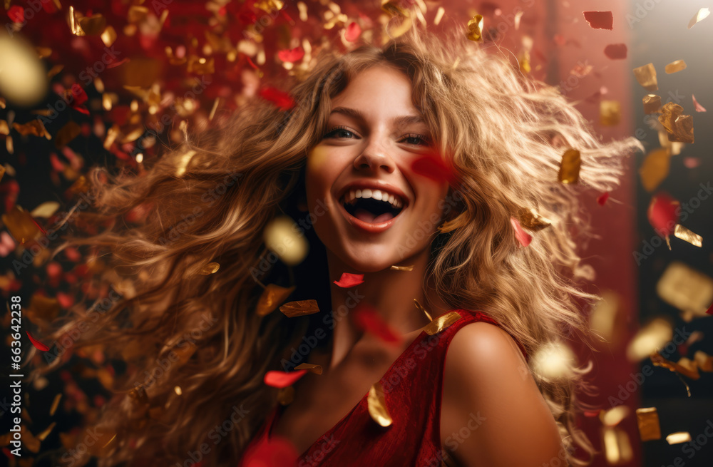 Cheerful attractive woman celebrating and smiling