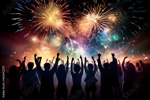 New Year Fireworks Party in the Night. Crowd celebrating New Years Eve. Drunk People Silhouette. Wallpaper Banner Background 