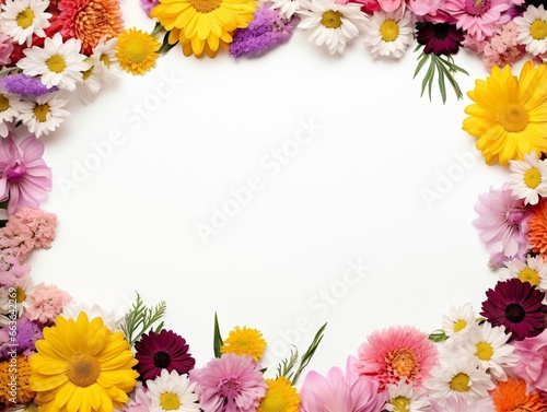 Border of flowers on white background with blank white text space generative ai