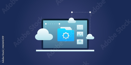 Cloud data storage web hosting service, digital folder app containing files information, transferring data with secure network connection, abstract business technology vector illustration.