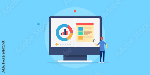 Business analyst monitoring data management report on dashboard, business metrics, marketing insights on computer screen, vector illustration web banner.