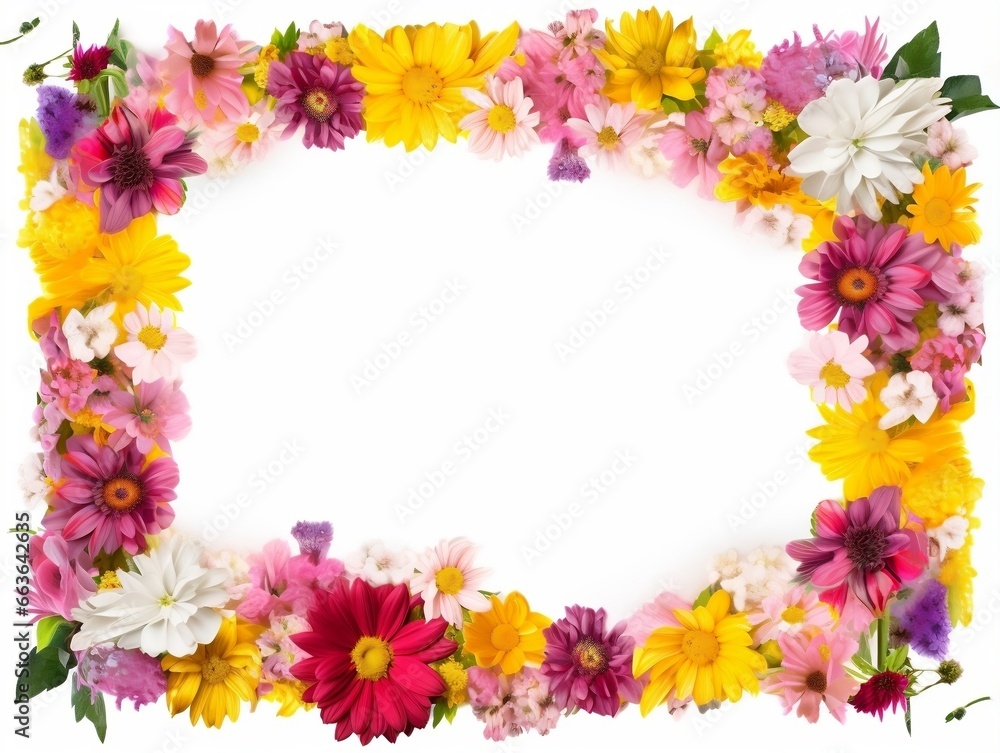 Border of flowers on white background with blank white text space generative ai