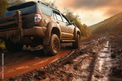 A dirt covered SUV conquers a rural road with its offroad tires