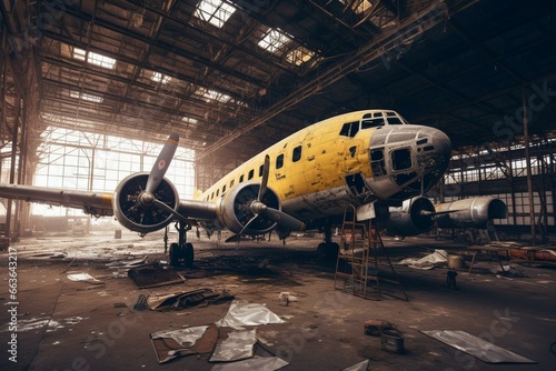 Large damaged vintage aircraft in maintenance hangar. Generative AI