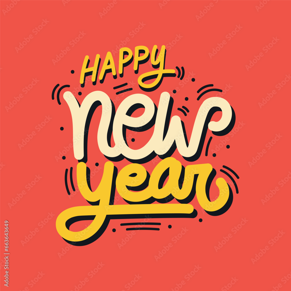New year vector,  banner, poster, greeting card template. Happy new year typography, lettering, calligraphy, text. New year 2024 celebrating vector illustration. New year hand lettering.