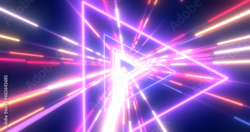 Abstract purple energy futuristic hi-tech tunnel of flying triangles and lines neon magic glowing background