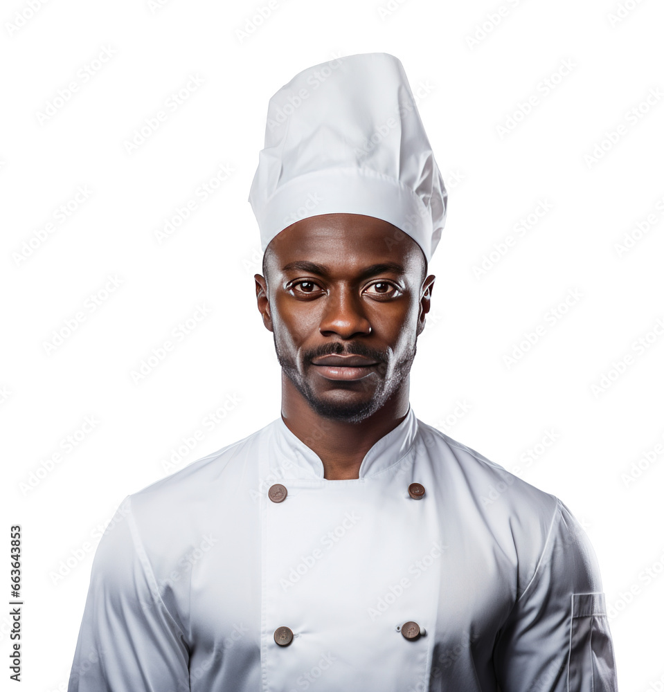 black chef cook with traditional white uniform and hat. handsome black man, png transparent black chef cook with traditional white uniform and hat. handsome black man, png transparent