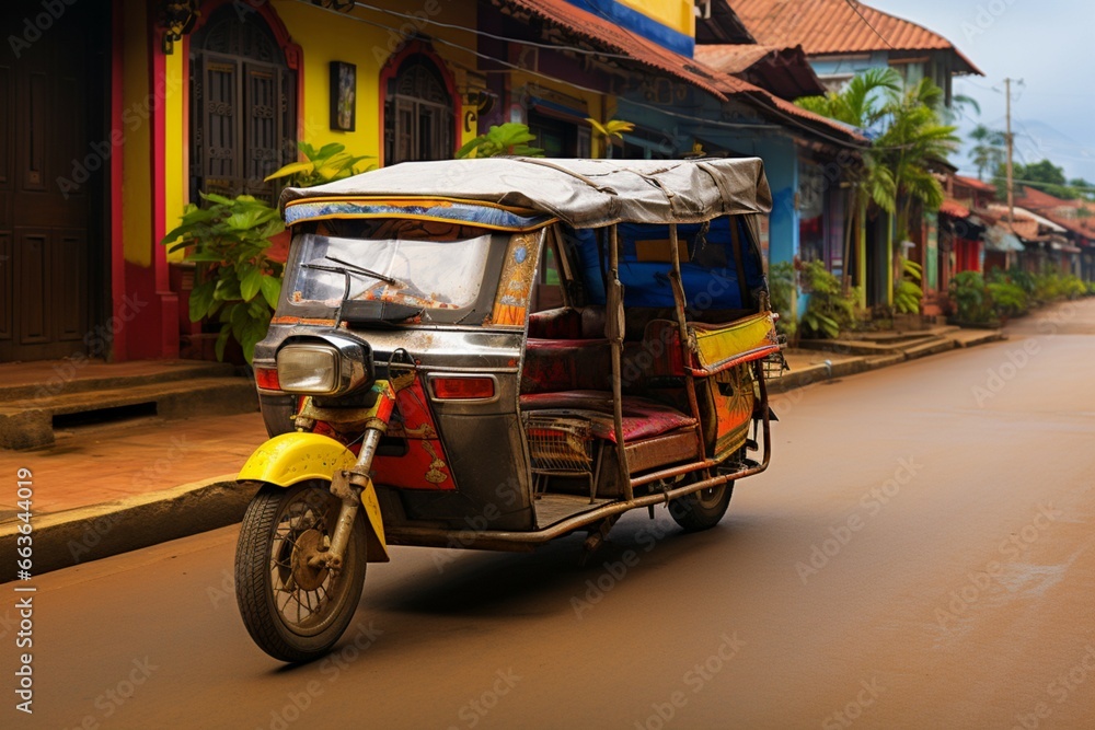A classic tuk tuk rickshaw, bursting with vibrant colors, embodies traditional charm