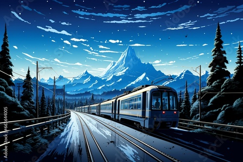 A city highway with skyscrapers and mountains illustrated on a blue background