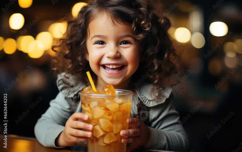 Funny child girl is drinking an orange juice Funny child girl is drinking an orange juice