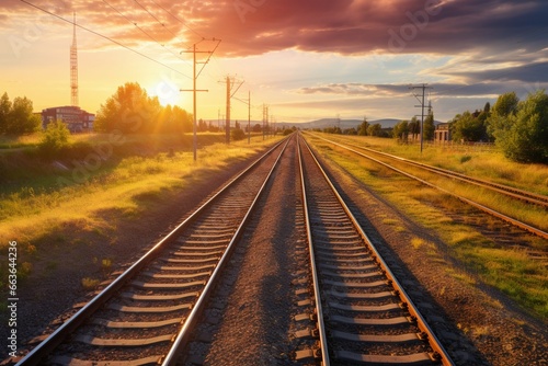Aerial perspective showcases railway tracks against a beautiful sunset sky, symbolizing cargo travel