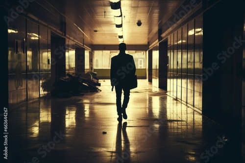 A mans silhouette moves through a vacant hallway, capturing a lonely ambiance