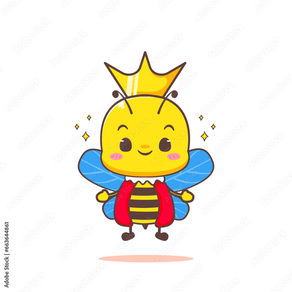 Cute Queen bee cartoon character. Kawaii adorable animal concept design. Isolated white background. Vector illustration.
