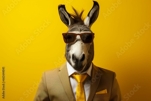 Business humor a donkey dons a suit and tie against a yellow backdrop © Muhammad Shoaib