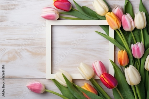 International women day, mothers day concept. Top view of tulip flowers blossoms on bright wooden background with copy space. Generative AI