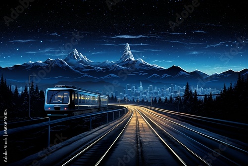 An illustrative night scene city highway, skyscrapers, and mountains on a blue backdrop