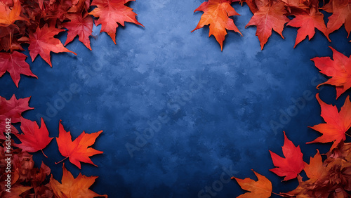 Autumn background with colored red leaves on blue slate background. Top view,