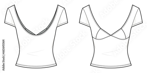 Womens Deep V Neck Tops Y2k Backless Sexy Short Sleeve Low Cut T-Shirt fashion flat technical drawing template, Summer Going Out blouse. front view, back view, white color, women, CAD mockup