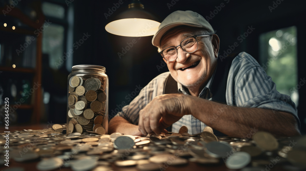 A grandpa proudly displaying his cherished collection of vintage coins - obrazy, fototapety, plakaty 