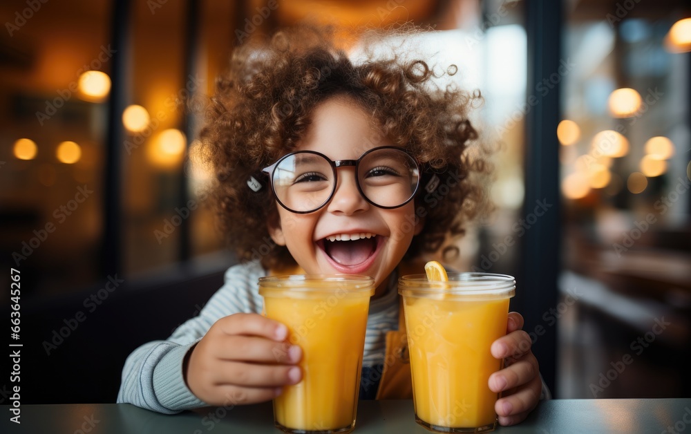 Funny child boy is drinking an orange juice Funny child boy is drinking an orange juice