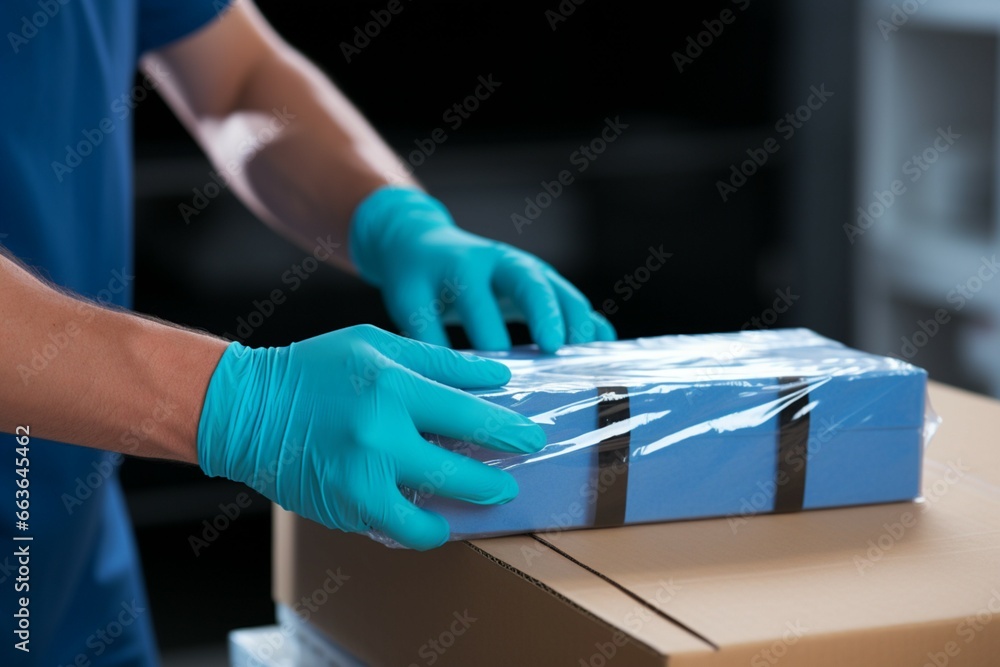 Hands in blue rubber gloves grasp cardboard boxes for efficient express delivery