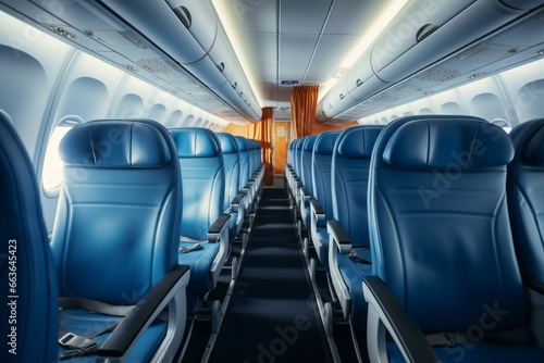 Empty cabin seats provide a spacious and peaceful airplane interior atmosphere