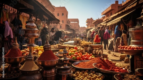 A bustling marketplace in Morocco, filled with vibrant textiles, spices, and crafts that embody the essence of Moroccan culture. Wild American bison bull standing in grassy prairie. Generative AI