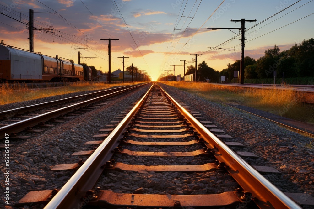 Railway platform basks in the sunsets warm light beside the tracks