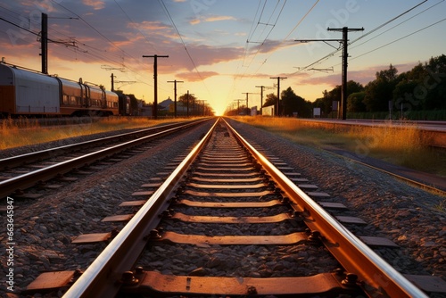 Railway platform basks in the sunsets warm light beside the tracks