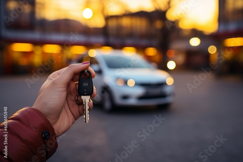 Ready to begin a journey, a females hand holds a car key in front of a blurred car park © Muhammad Shoaib