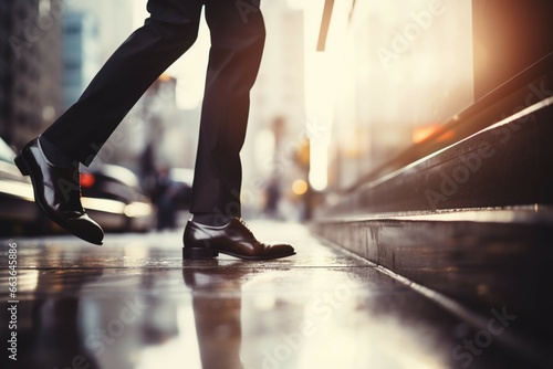 Soft focus on a businessmans legs as he rushes up city stairs for work