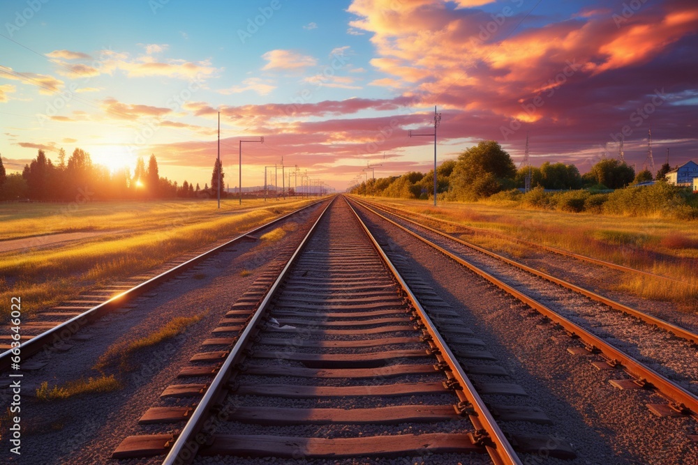 Sunset sky paints a stunning backdrop for railway tracks, symbolizing cargo shipping