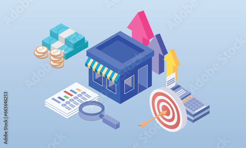 small business growth development with finance report and data money .on blue background.3D design.isometric vector design Illustration.