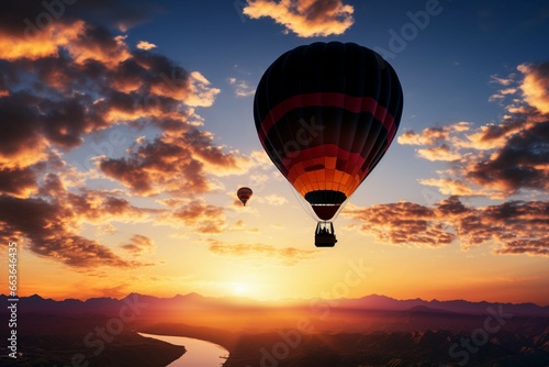 The setting sun forms a captivating silhouette of a ballooning adventure
