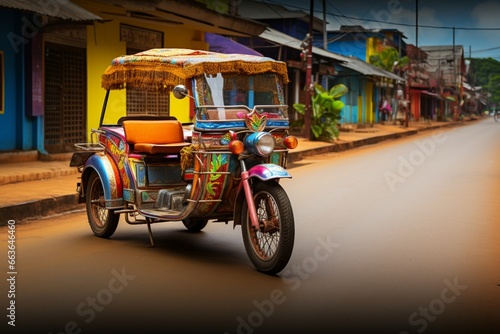 The traditional tuk tuk rickshaw displays its vibrant and captivating color palette