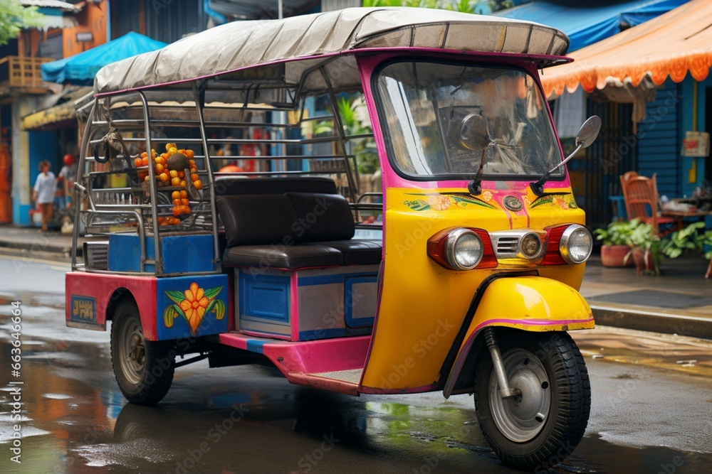 Vibrantly painted tuk tuk exudes the essence of traditional and lively street life