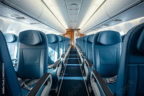 Unoccupied cabin seats in the aircraft evoke an empty and tranquil plane